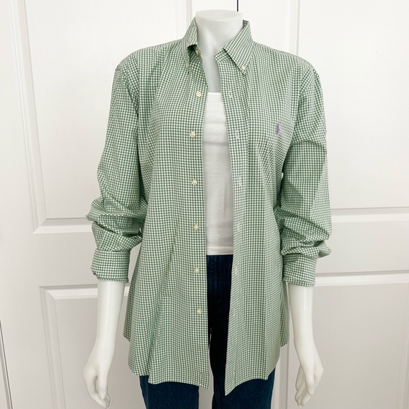 Ralph Lauren Oversized Green & White Checkered Gingham Oxford Shirt Purple Polo - Picture 3 of 16